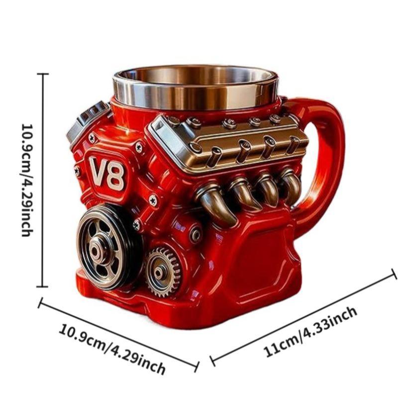 Engine-themed coffee mug, a retro-styled, realistic V8 engine stainless steel mug