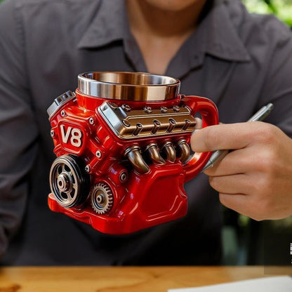 Engine-themed coffee mug, a retro-styled, realistic V8 engine stainless steel mug