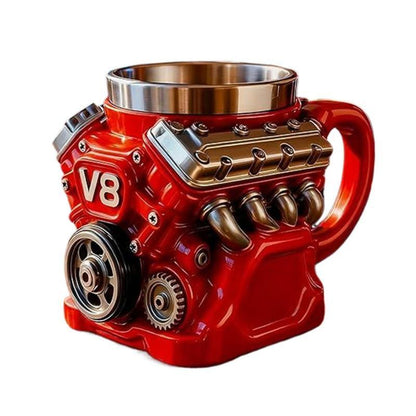 Engine-themed coffee mug, a retro-styled, realistic V8 engine stainless steel mug