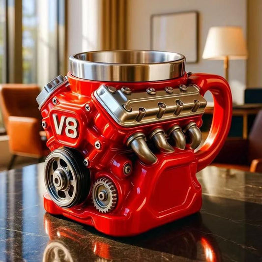 Engine-themed coffee mug, a retro-styled, realistic V8 engine stainless steel mug